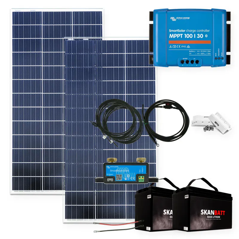 Komplett solcellepakke hytte 12V 380W (2x190W) med 200Ah litium
